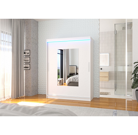 Posuvná skriňa so zrkadlom a LED osvetlením DORRIGO 150 Biela+Biela Posuvná skriňa so zrkadlom a LED osvetlením DORRIGO 150 Biela+Biela