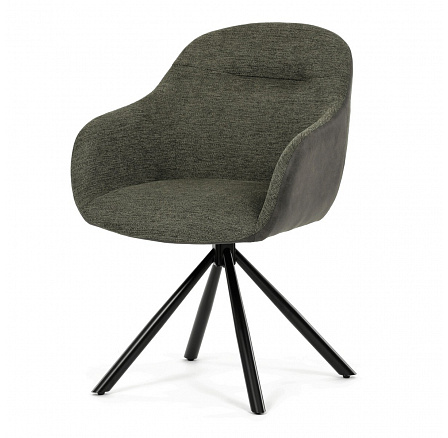 Jedálenská stolička, zelená látka a tmavosivá látka v dekore vintage kože, čierny kov, otočná P90°+ L90° s vratným mechanizmom