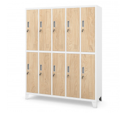 Kovová uzamykateľná šatníková skriňa s 10 boxmi BARTEK, 1360 x 1720 x 450 mm, Eco Design: biela/dub sonoma