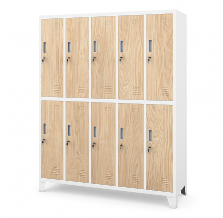 Kovová uzamykateľná šatníková skriňa s 10 boxmi BARTEK, 1360 x 1720 x 450 mm, Eco Design: biela/dub sonoma Kovová uzamykateľná šatníková skriňa s 10 boxmi BARTEK, 1360 x 1720 x 450 mm, Eco Design: biela/dub sonoma