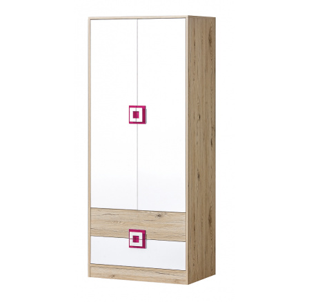 Šatní skriňa NICO 01, Svetlý Dub/Biela/Ružová