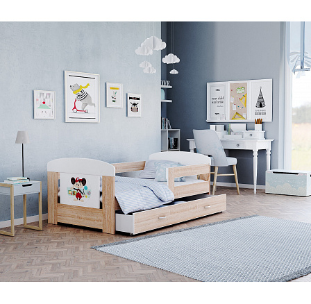 Dětská postel FILIP se šuplíkem bez matrace, 140x80 cm, Bílá/Dub Sonoma/Myška Dětská postel FILIP se šuplíkem bez matrace, 140x80 cm, Bílá/Dub Sonoma/Myška