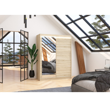 Posuvná skriňa so zrkadlom a LED osvetlením BIANCO 150 Sonoma+Sonoma