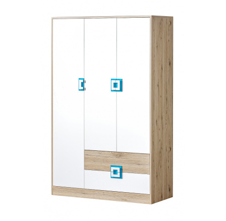 Šatní skriňa NICO 03, Svetlý Dub/Biela/Tyrkysová