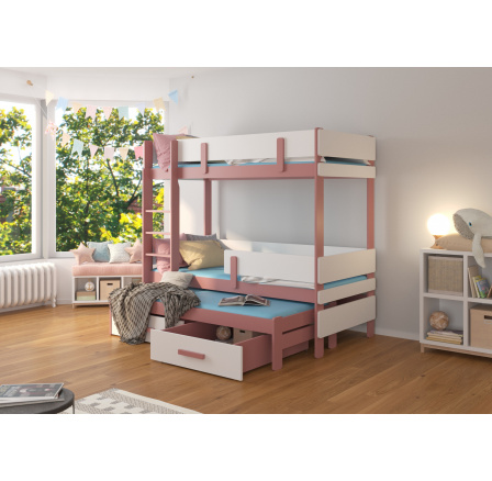 Trojposchodová posteľ s matracom ETAPO 200x90 ružová+biela