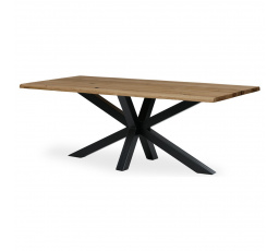 Jedálenský stôl, 200x100 cm, dubový masív, prírodná hrana, kovová noha Spyder, čierny lak