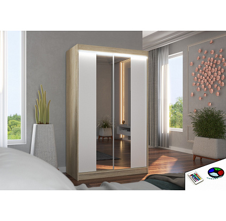 Posuvná skriňa so zrkadlom a LED osvetlením MARVIN 120 Sonoma+Biela