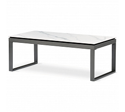 Konferenčný stôl, spekaná keramická doska 120x60, biely mramor, sivé kovové nohy