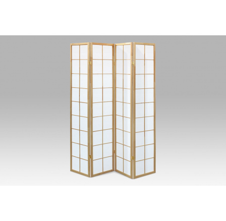 4-dielny drevený paraván, masívny smrek, biela netkaná textília, prírodný odtieň