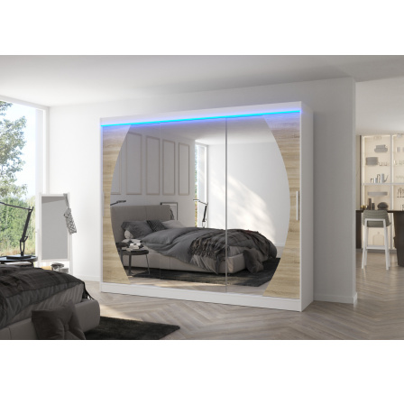 Posuvná skriňa so zrkadlom a LED osvetlením CAMBE 250 Biela+Sonoma Posuvná skriňa so zrkadlom a LED osvetlením CAMBE 250 Biela+Sonoma