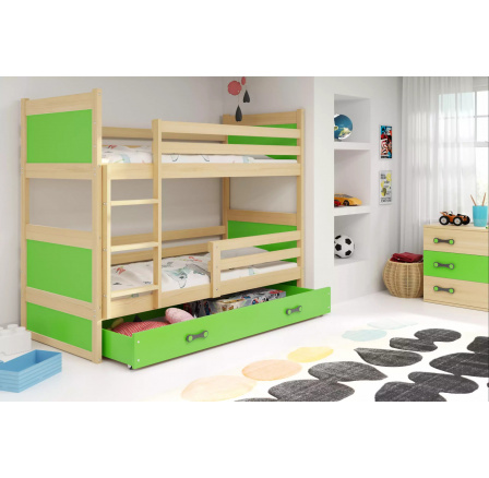 Detská poschodová posteľ RICO so zásuvkou 90x200 cm, bez matraca, Prírodná/Zelená
