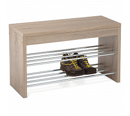 Stojan na topánky / stolička, 2 kovové chrómové police, MDF, 3D dekor dub sonoma