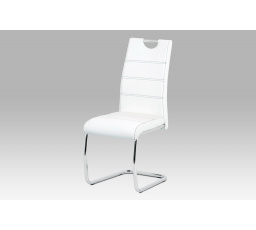 Jedálenská stolička, biele čalúnenie z ekokože, čierne prešívanie, kovová hojdacia podnož, chróm