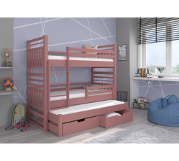 Trojposchodová poschodová posteľ s matracom HIPPO 200x90 ružová