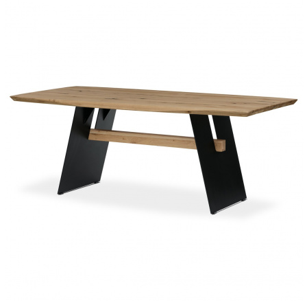 Jedálenský stôl, 200x100 cm, dubový masív, skosené hrany, kovová noha, čierny lak