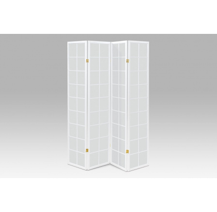 4-dielny drevený paraván, masívny smrek, biela netkaná textília, biely matný lak