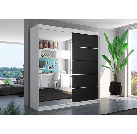 Šatní skriňa s posuvnými dverami a zrkadlom OLIVER 200 Biela+Čierna