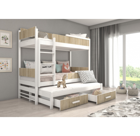 Trojposchodová posteľ QUEEN 200x90 Biela+Sonoma