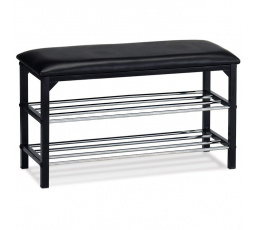 Stojan na topánky/stolička, 2 police, čalúnenie čierna ekokoža, kov - čierny matný lak a chróm