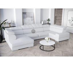 Rohová Kožená sedacia súprava s funkciou spania ROYAL MAX I 210x375x185 - Pravá strana, Biela koža