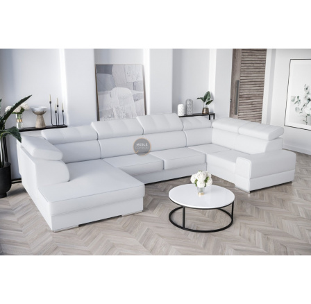 Rohová Kožená sedacia súprava s funkciou spania ROYAL MAX I 210x375x185 - Pravá strana, Biela koža Rohová Kožená sedacia súprava s funkciou spania ROYAL MAX I 210x375x185 - Pravá strana, Biela koža