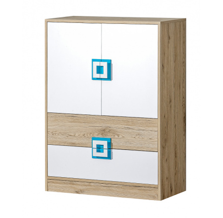 Komoda NICO 09, Svetlý Dub/Biela/Tyrkysová