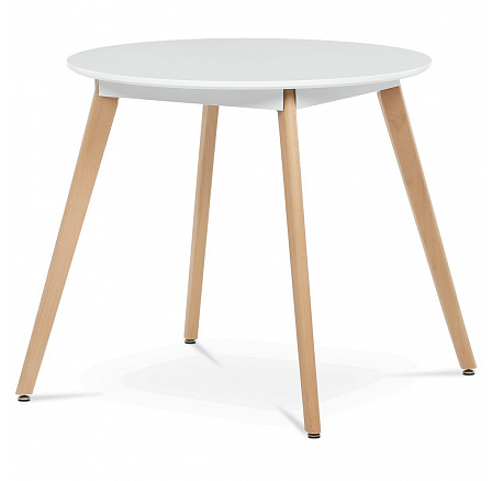 Stôl jedálenský, 80x80x74 cm, MDF - biely matný lak, kovová konštrukcia, drevené nohy