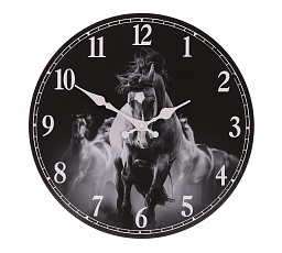 Hodiny nástěnné - pr. 34 cm, MDF, černo-bílé, motiv koní