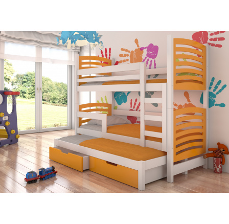 Poschodová posteľ s tromi lôžkami a matracmi SORIA White+Orange