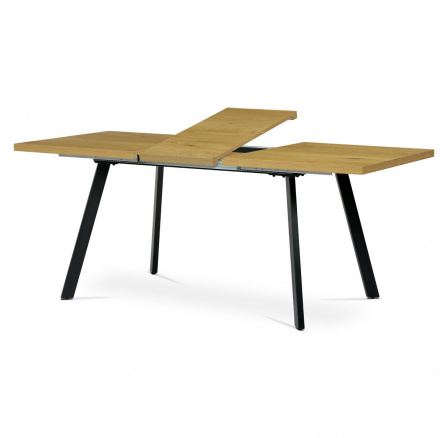 Jedálenský stôl 140+40x85x75 cm, melamínová doska, 3D dekor divoký dub, kovové nohy, čierna matná