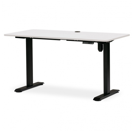 Kancelársky stôl s elektricky nastaviteľnou výškou stola. Biela tabuľa. Kovový podstavec v čiernej farbe.