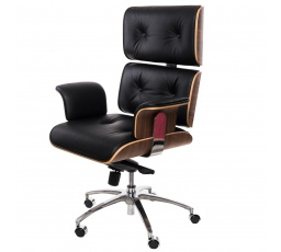 Kancelárske kreslo VIP čierna koža, orechová dyha, chróm