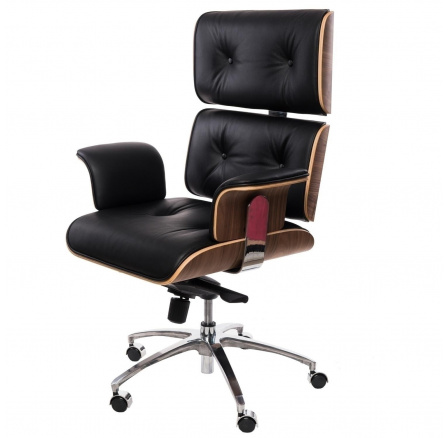 Kancelárske kreslo VIP čierna koža, orechová dyha, chróm