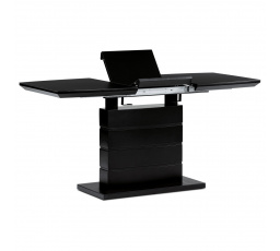 Jedálenský stôl 110+40x70 cm, čierna sklenená doska 4 mm, MDF, čierny matný lak