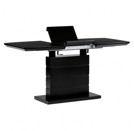 Jedálenský stôl 110+40x70 cm, čierna sklenená doska 4 mm, MDF, čierny matný lak