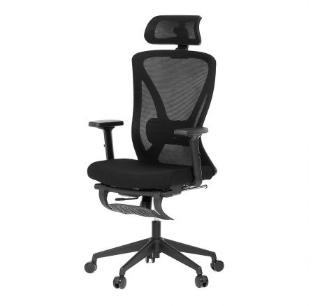 Kancelárska stolička, čierna MESH, plastový kríž, podnožka, posuvné sedadlo, 2D podrúčky