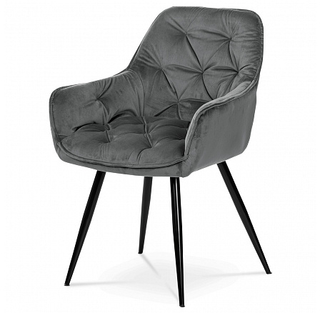 Jedálenská stolička, sivé zamatové čalúnenie, kovová štvornohá podnož, čierny lak
