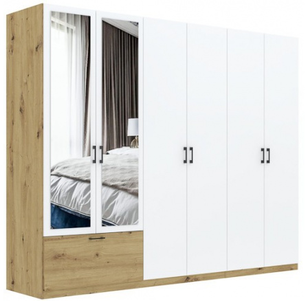 Šatní skriňa ALTA 6D1S so zrkadlom, Dub Artisan/Biela