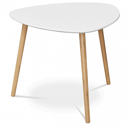 Konferenčný stôl 55x55x45 cm, vrchná doska MDF biela, nohy bambusový prírodný odtieň
