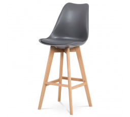 Barová stolička, sivý plast+koža, masívne bukové nohy