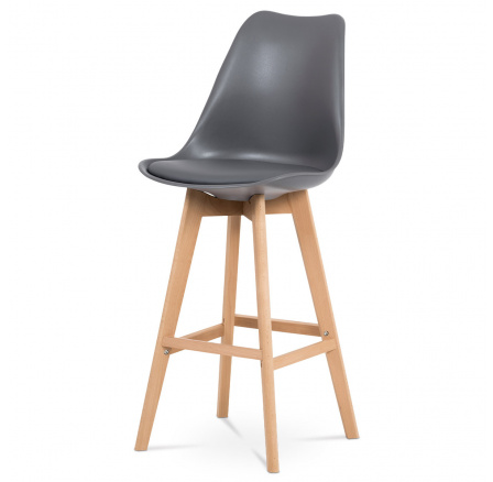 Barová stolička, sivý plast+koža, masívne bukové nohy