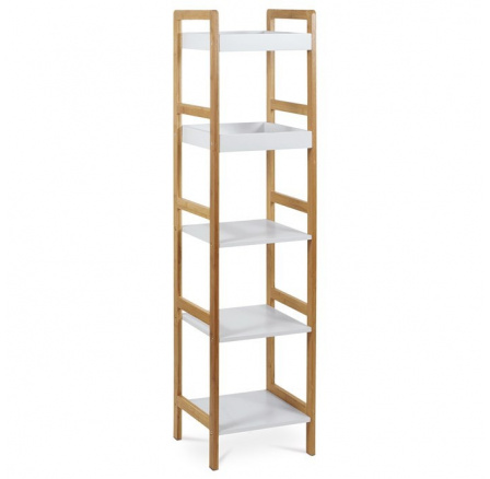 Regál, 5 políc, masívny bambus, prírodný odtieň, MDF, biely matný lak, č. 15 kg
