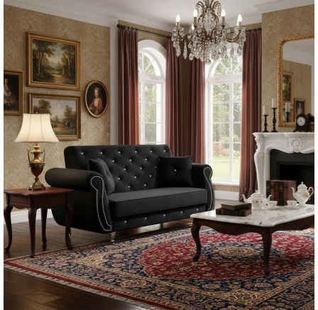 Dvojmiestna pohovka SOFA MANCHESTR, poťah: Royal Velvet čierny, nožičky: typ 1B, strieborné kryštáliky, strieborné zdobenie Dvojmiestna pohovka SOFA MANCHESTR, poťah: Royal Velvet čierny, nožičky: typ 1B, strieborné kryštáliky, strieborné zdobenie
