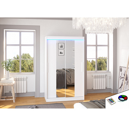 Šatní skriňa s posuvnými dverami, zrkadlom a LED osvetlením SANTOS 120 Biela+Biela Šatní skriňa s posuvnými dverami, zrkadlom a LED osvetlením SANTOS 120 Biela+Biela