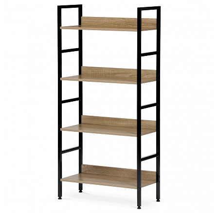 Regál, 4 police, dekor dub, MDF, čierny lak