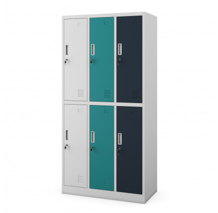 Kovová uzamykateľná šatníková skrinka šedo-viacfarebná: so 6 boxmi IGOR, 900 x 1850 x 450 mm Kovová uzamykateľná šatníková skrinka šedo-viacfarebná: so 6 boxmi IGOR, 900 x 1850 x 450 mm