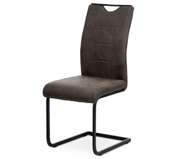 Jedálenská stolička, sivá látka vo vintage koži, biele prešitie, kov - čierny lak