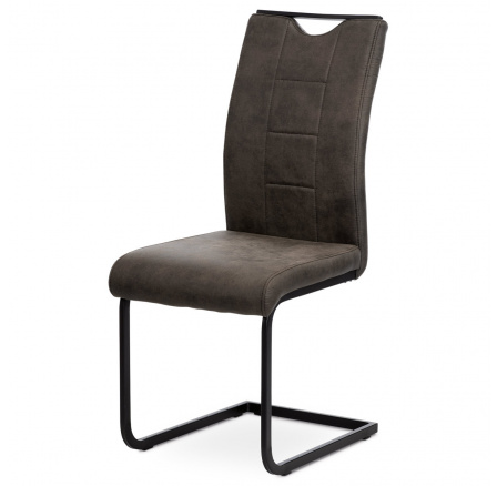 Jedálenská stolička, sivá látka vo vintage koži, biele prešitie, kov - čierny lak