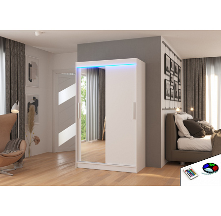 Posuvná skriňa so zrkadlom a LED osvetlením BARIO 120 Biela+Biela