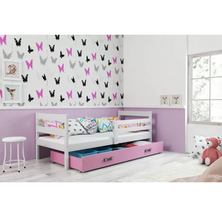 Detská posteľ ERYK 90x200 cm so zásuvkou, s matracom, Biela/Ružová